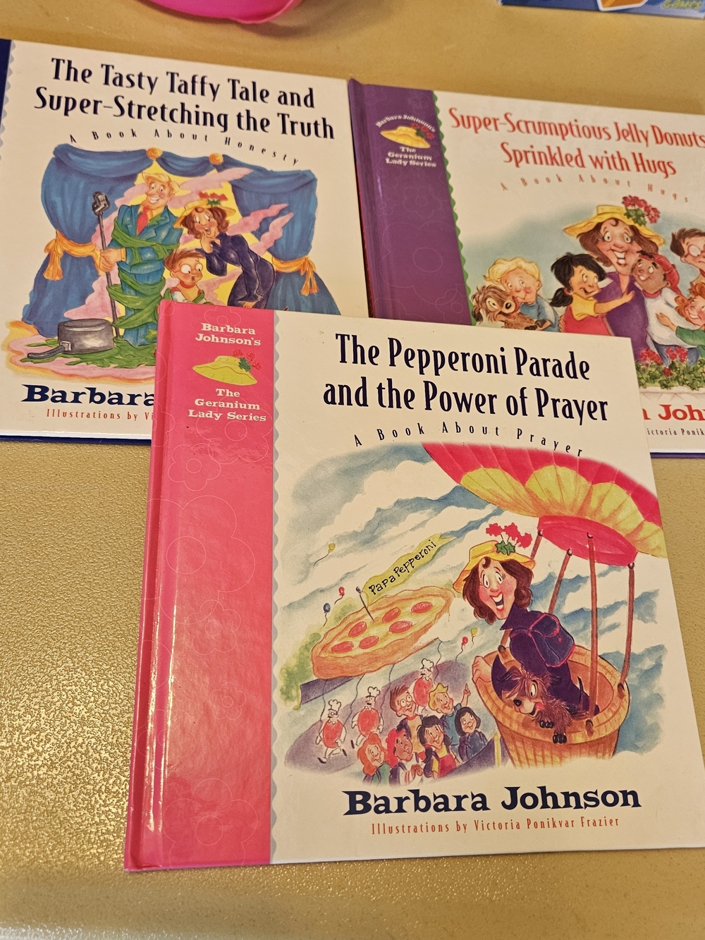 Set of three Barbara Johnson books teaching about Honesty, Hugs, and  Prayer